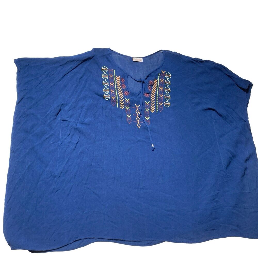 Canyon Sky Top Size 2XL Blue Pull Over Tie String Neck‎ Sleeve Embroidery